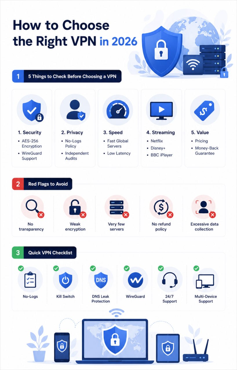 Best VPN services checklist showing security, privacy, speed, streaming support and important VPN features in 2026